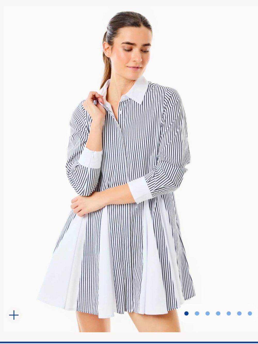 Addison Bay Gable Dress Cotton Poplin Long Sleeve Button Down White Navy M NEW